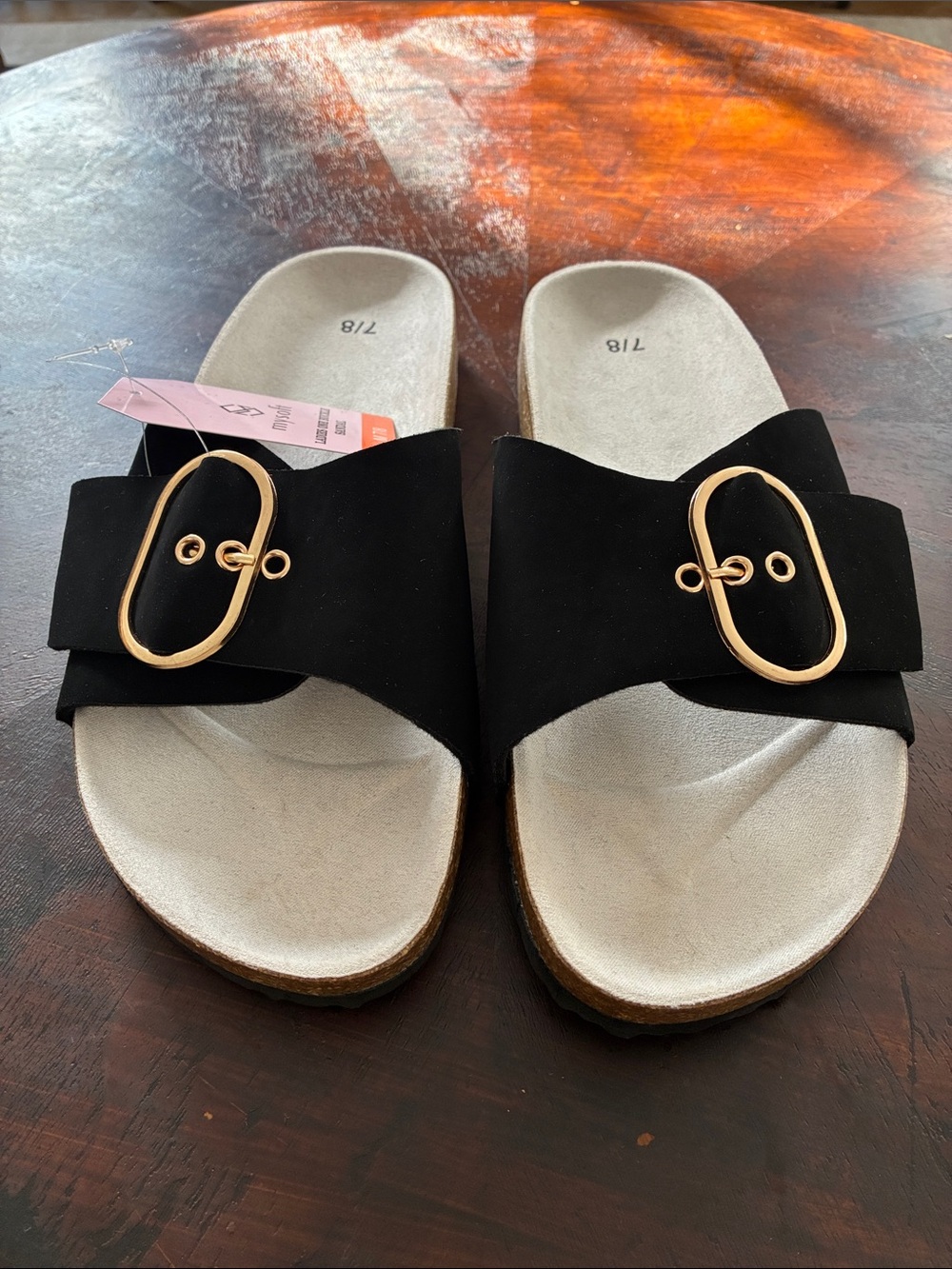 Women's Black Slide Sandals with Gold Oval Buckle